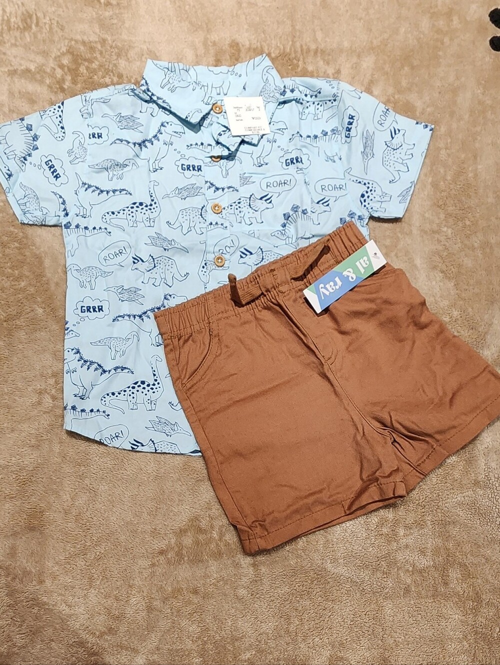 Toddler Short Sleeve Dino Print Shirt and Brown Shorts Set